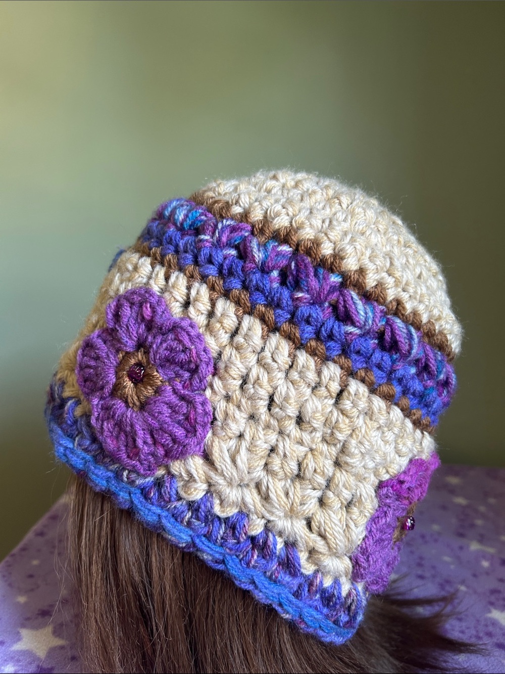 Boho Crochet Beanie with Purple and blue Flowers medium acrylic